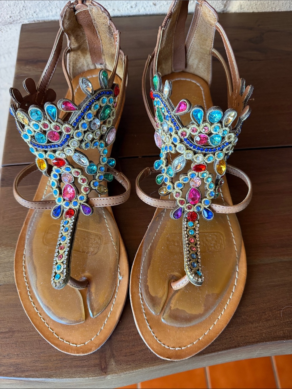 Yellow Box Brown T-Strap Sandals with Multicolor Gem Accents